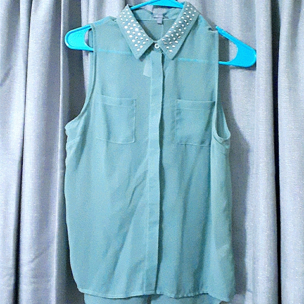 Sheer Sleeveless Teal Button-Up Charlotte Russe